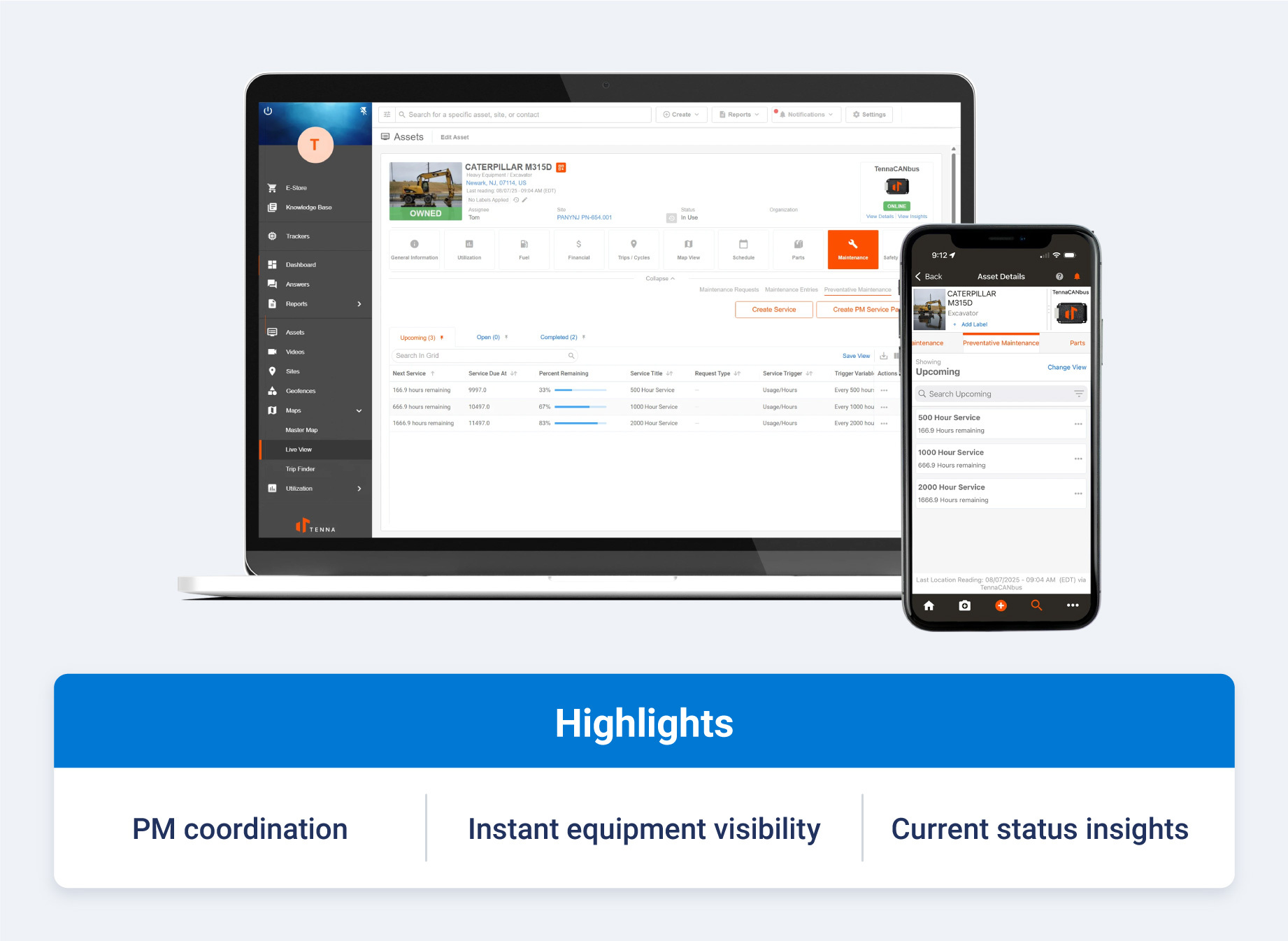 Tenna dashboard showing data-driven maintenance planning, automated scheduling interface and current equipment insights.